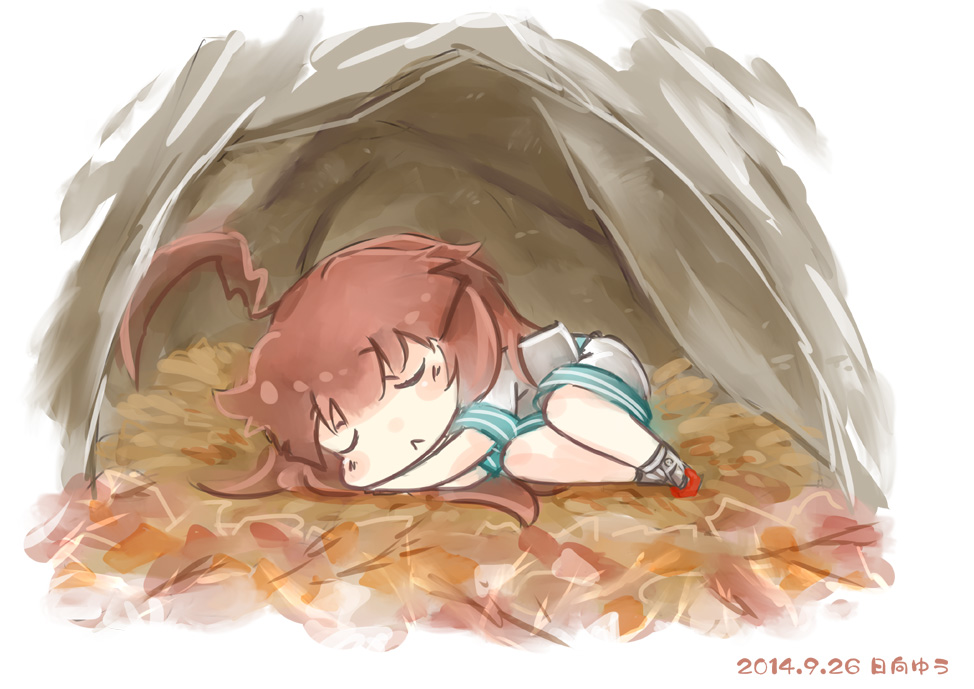 1girl, ahoge, brown_hair, closed_eyes, hibernating, hinata_yuu, kantai_collection, kuma_(kantai_collection), long_hair, lying, sleeping, solo