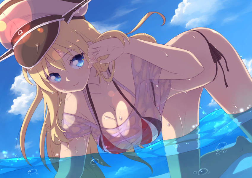 1girl, bikini, bismarck_(kantai_collection), blonde_hair, blue_eyes, bubble, clouds, droplets