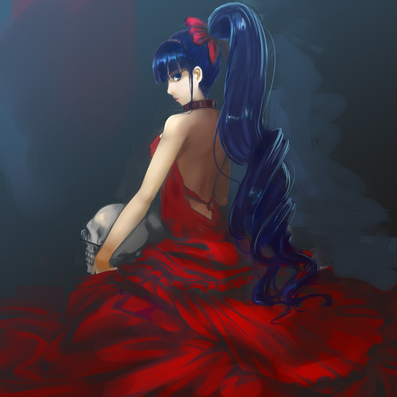 bare_back, bare_shoulders, blue_eyes, blue_hair, collar, dress, glasses, itoshiki_rin, ldl, long_hair, looking_back, ponytail, red_dress, ribbon, sayonara_zetsubou_sensei, sitting, skull, solo, very_long_hair