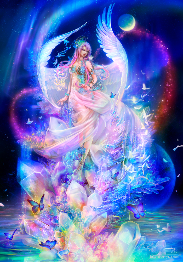 1girl, angel, aurora, butterfly, colorful, crescent_moon, crystal, dress, hair_ornament, kazuha_fukami, long_hair, moon, night, original, pink_hair, see-through, signature, solo, star_(sky), water, wings