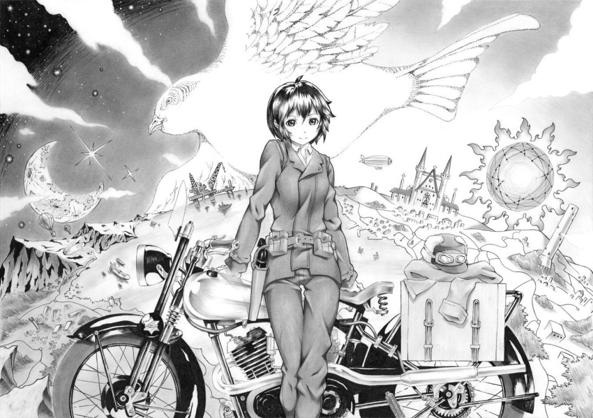 1girl, belt, bird, church, clouds, coat, dirigible, goggles
