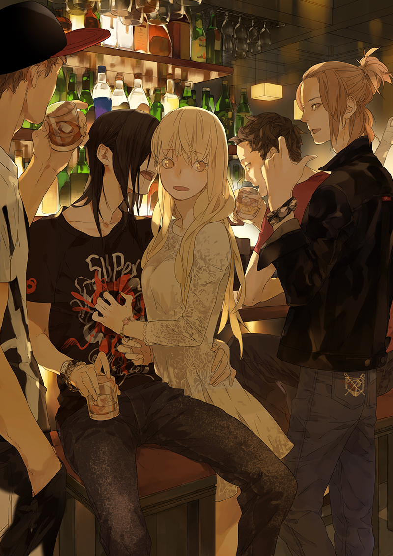 2girls, 3boys, alcohol, artist_request, bar, beer, black_hair, blonde_hair