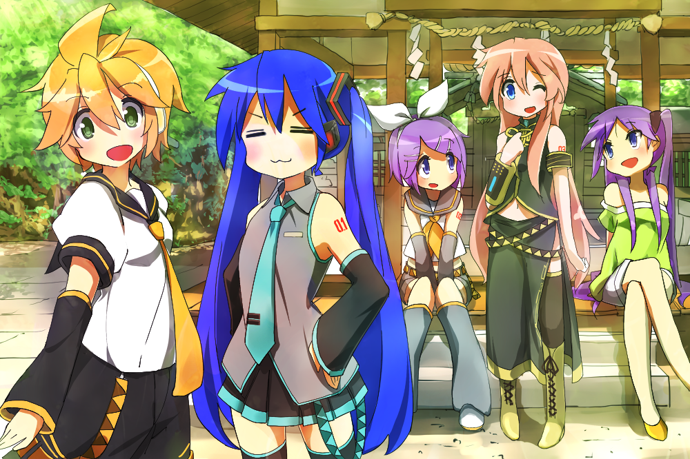 >:3, 5girls, :3, belt, blonde_hair, blue_eyes, blue_hair, blush