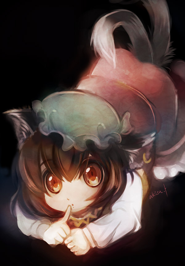 1girl, animal_ears, black_background, brown_eyes, brown_hair, cat_ears, cat_tail, chen