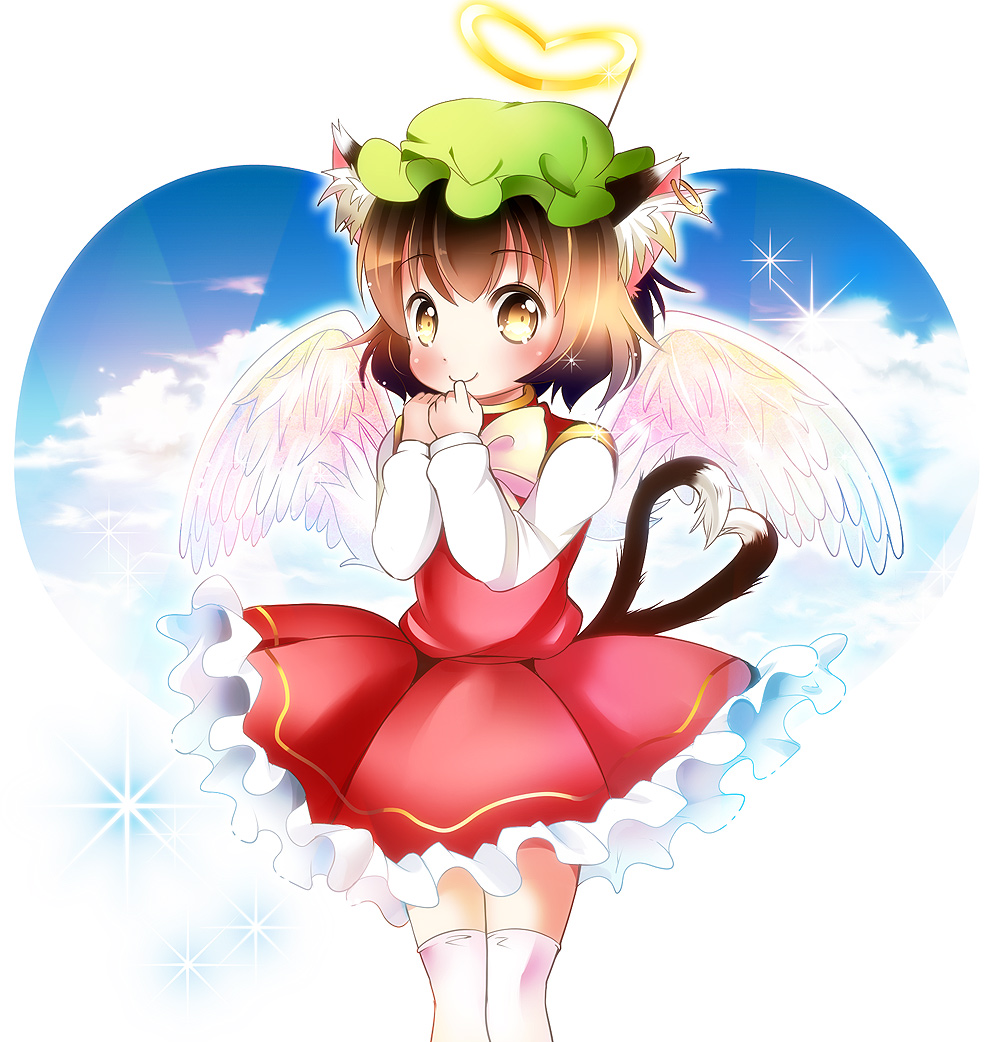1girl, angel_wings, animal_ears, brown_eyes, brown_hair, cat_ears, cat_tail, chen