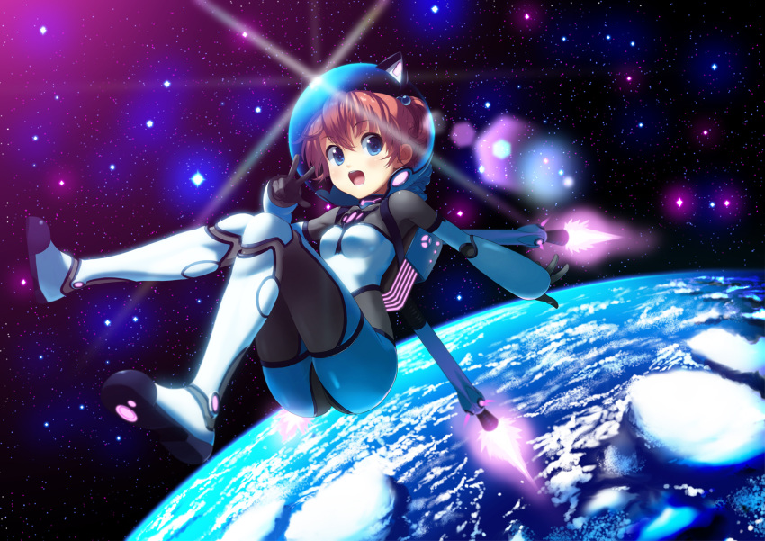 1girl, blue_eyes, bodysuit, boots, brown_hair, earth, floating, gloves, hair_bobbles, hair_ornament, helmet, highres, open_mouth, original, ponytail, science_fiction, setsuo_(chohonsoku), short_hair, skin_tight, solo, space, spacesuit, star