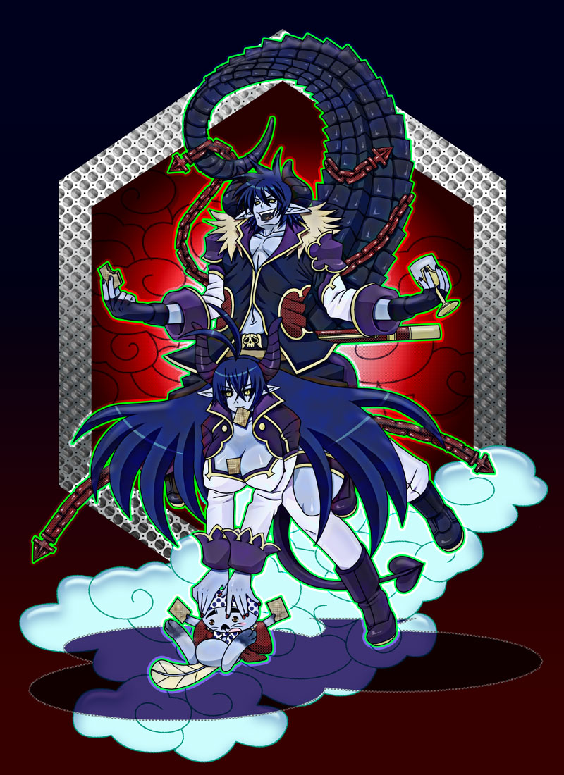 asmodeus_(shinrabansho), beelzebub_(shinrabansho), beelzebub_(shinrabanshou), blue_hair, blue_skin, boots, breasts, brother_and_sister