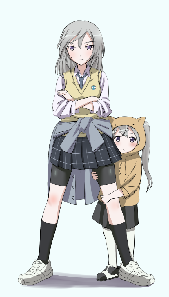 2girls, alternate_costume, alternate_hairstyle, animal_hood, aurora_e_juutilainen, bike_shorts, black_skirt, blush