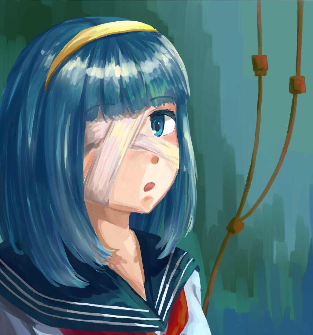 1girl, bandage_over_one_eye, blue_eyes, blue_hair, gokukoku_no_brynhildr, hairband, intravenous_drip, kazeaki