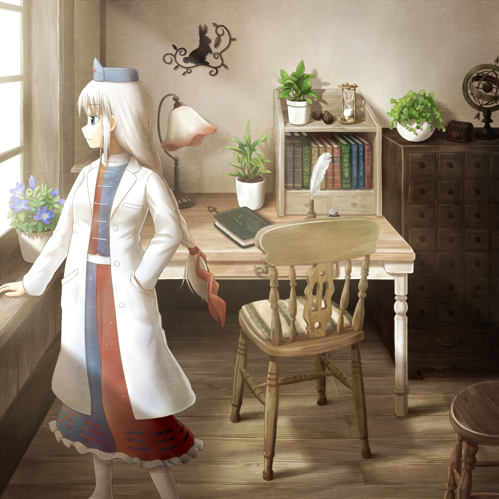 1girl, blue_eyes, book, braid, chair, desk, dress, flower
