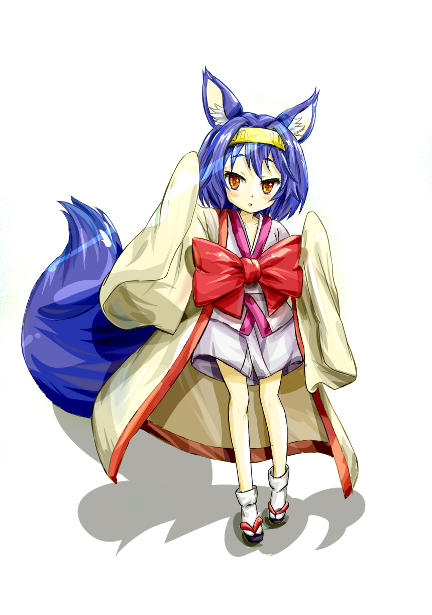 1girl, animal_ears, blue_hair, bow, fox_ears, fox_tail, hairband, hatsuse_izuna, highres, japanese_clothes, kimono, kotou_(ko-tou), no_game_no_life, orange_eyes, sandals, short_hair, short_kimono, simple_background, sleeves_past_wrists, tabi, tail, white_background