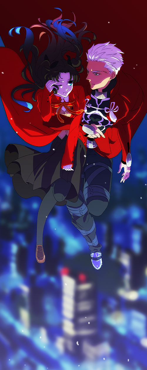 1boy, 1girl, archer, awa_suna, black_hair, blue_eyes, coat, dark_skin
