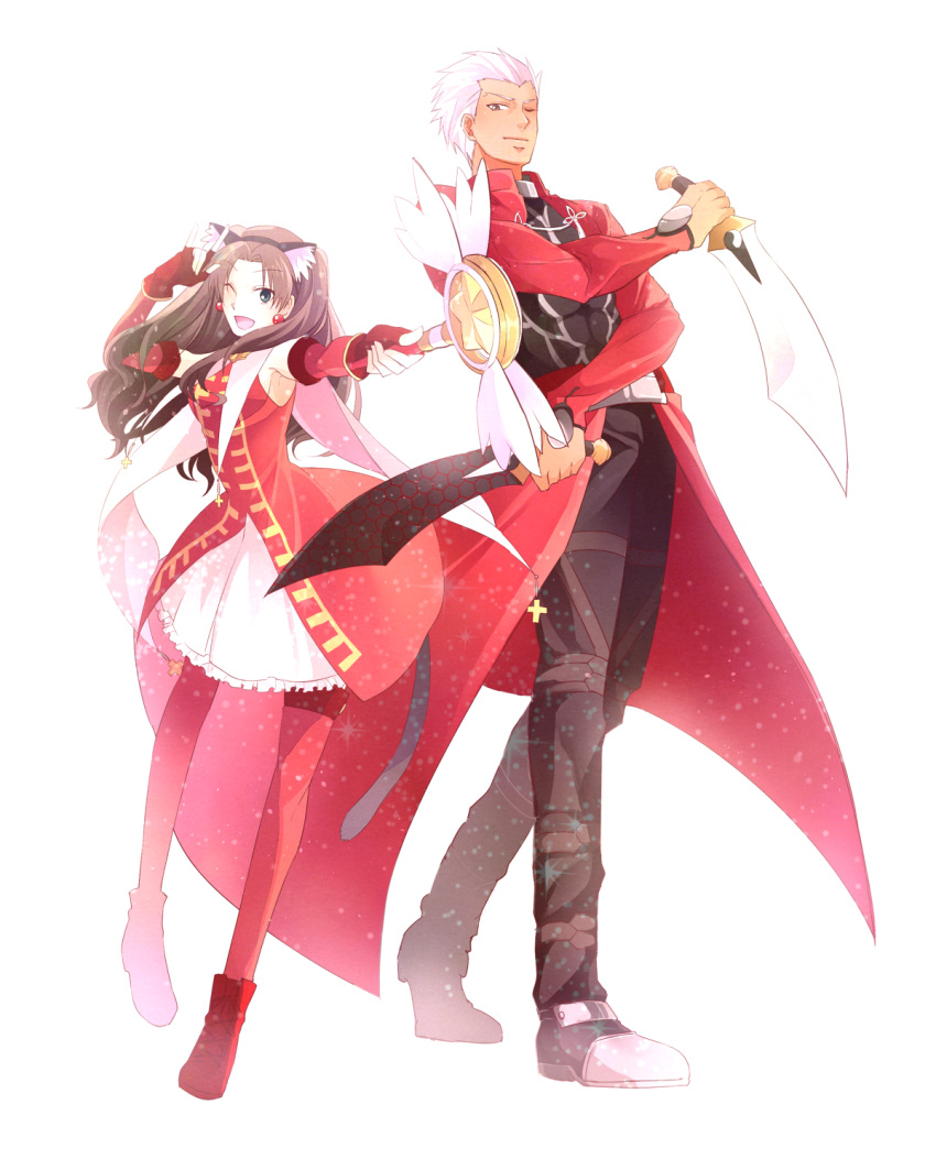1boy, 1girl, archer, brown_hair, dark_skin, fate/hollow_ataraxia, fate/stay_night, fate_(series)