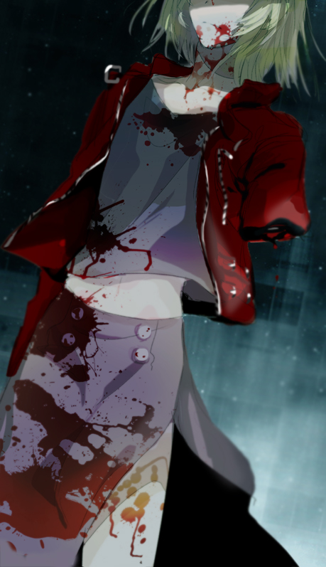 1boy, amputee, blonde_hair, blood, blood_on_face, bloody_clothes, corpse, death
