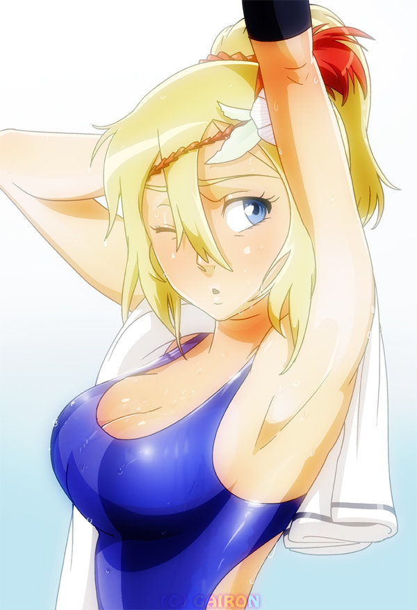 1girl, arm_up, armpits, bleach, bleach:_the_3rd_phantom, blonde_hair, blue_eyes, blue_swimsuit