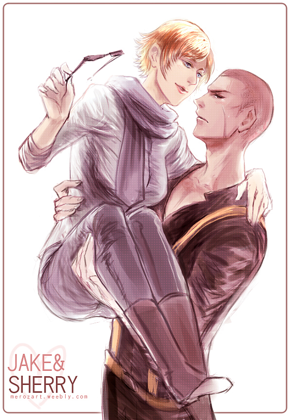 1boy, 1girl, blonde_hair, blue_eyes, boots, buzz_cut, carrying, jake_muller, meroz, pants, princess_carry, resident_evil, resident_evil_6, scar, scarf, sherry_birkin, short_hair, sleeves_rolled_up, sunglasses_removed, sweater, watermark, web_address