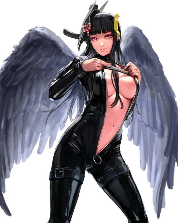 1girl, bangs, belt, bird_wings, black_hair, black_wings, blunt_bangs, bodysuit
