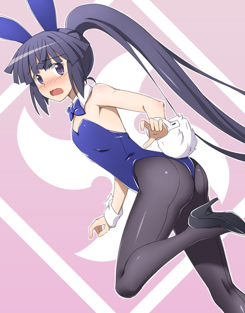1girl, akatsuki_(log_horizon), alternate_costume, animal_ears, ass, bare_shoulders, black_legwear, bowtie, bunny_tail, bunnysuit, detached_collar, embarrassed, high_heels, highres, ike_masato, leotard, log_horizon, long_hair, looking_back, pantyhose, ponytail, purple_background, purple_hair, rabbit_ears, shiny, shiny_clothes, solo, tail, very_long_hair, violet_eyes, wavy_mouth