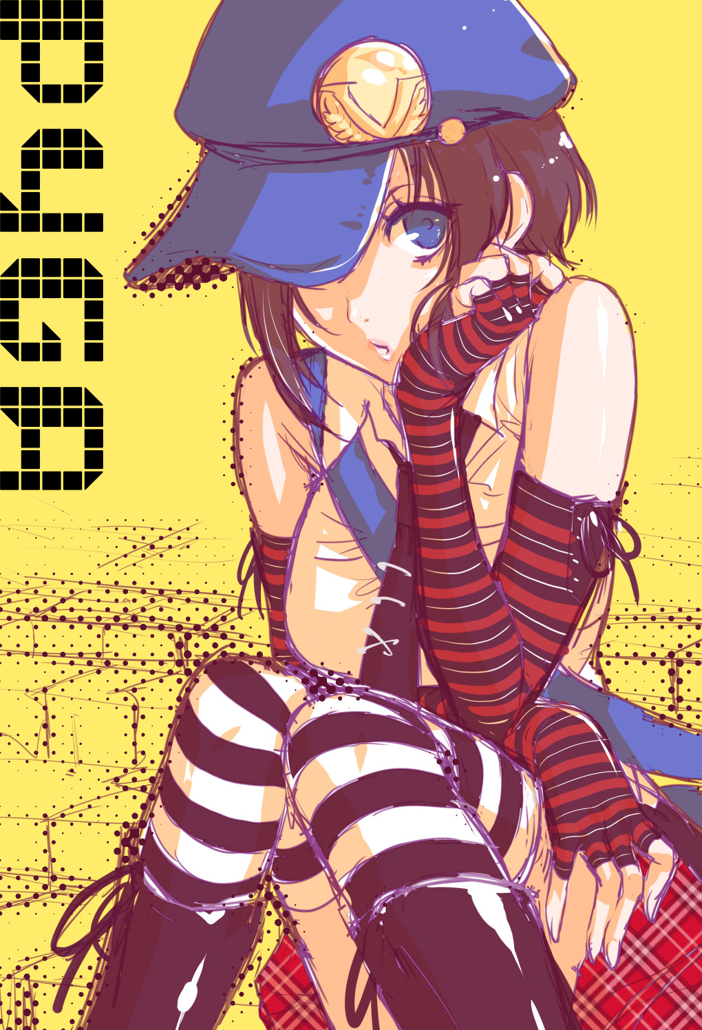 bare_shoulders, blue_eyes, boots, brown_hair, elbow_gloves, fingerless_gloves, gloves, hat