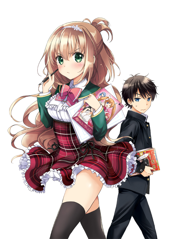 1boy, 1girl, black_hair, black_legwear, blue_eyes, blush, brown_hair, cowboy_shot