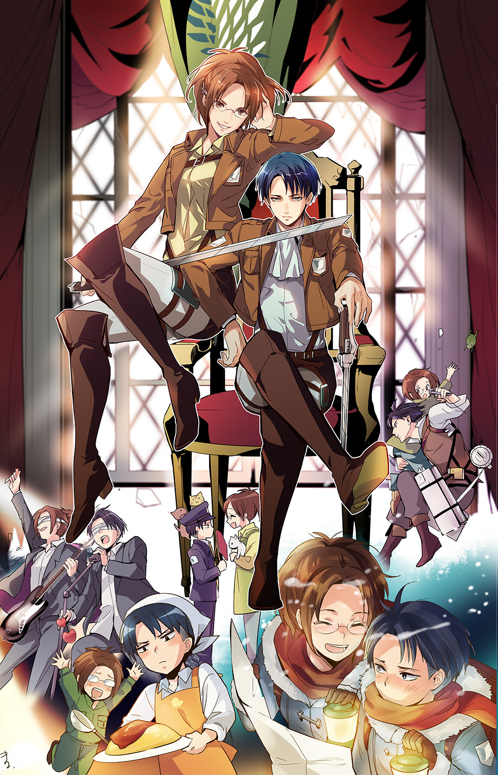 amanattou, apron, black_hair, blindfold, blush, brown_hair, carrying, electric_guitar, food, formal, fur_trim, glasses, guitar, hange_zoe, highres, instrument, levi_(shingeki_no_kyojin), multiple_persona, omurice, ponytail, shingeki_no_kyojin, short_hair, suit, three-dimensional_maneuver_gear