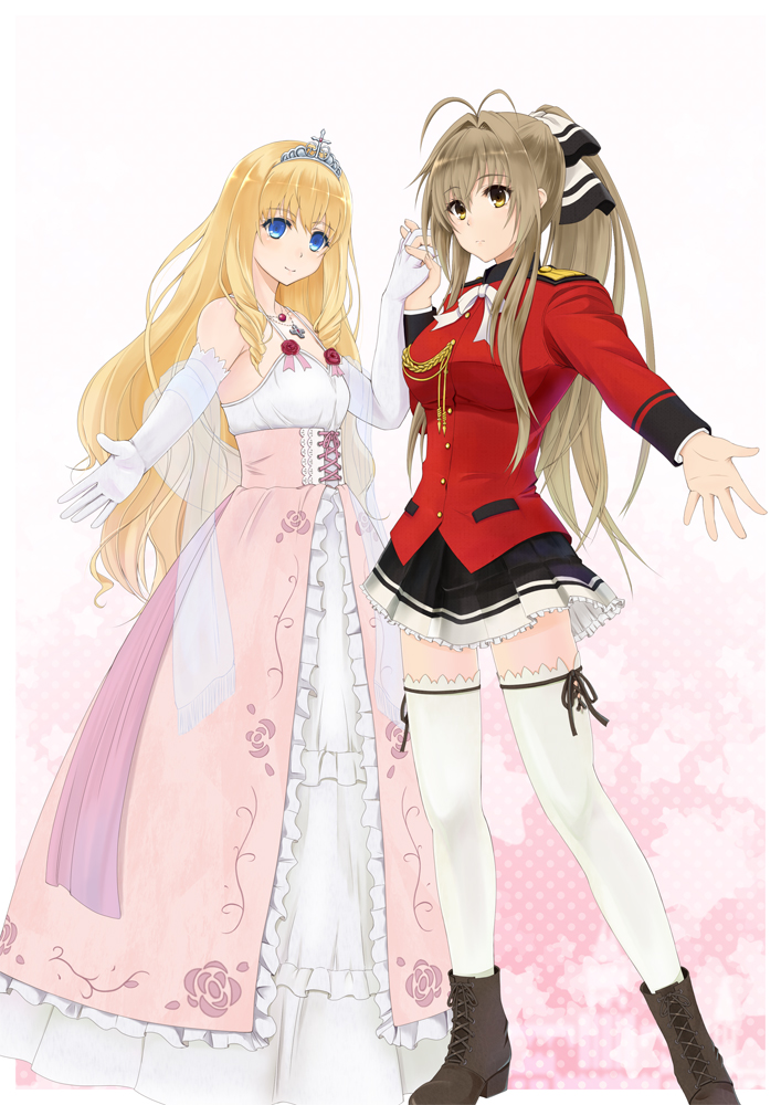 2girls, amagi_brilliant_park, blonde_hair, blue_eyes, breasts, brown_eyes, brown_hair, crown