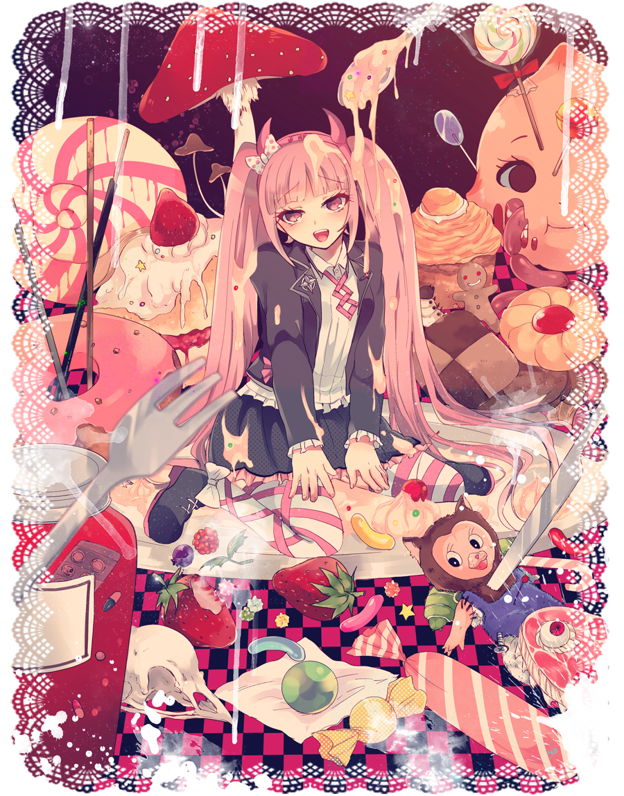 1girl, :d, cake, doughnut, fake_horns, food, hairband, long_hair