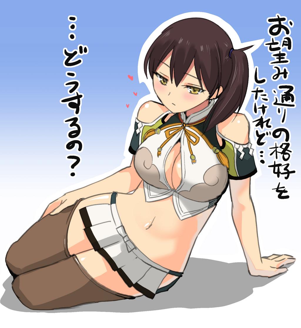 1girl, arm_support, asymmetrical_hair, bare_shoulders, black_legwear, breasts, brown_eyes, brown_hair