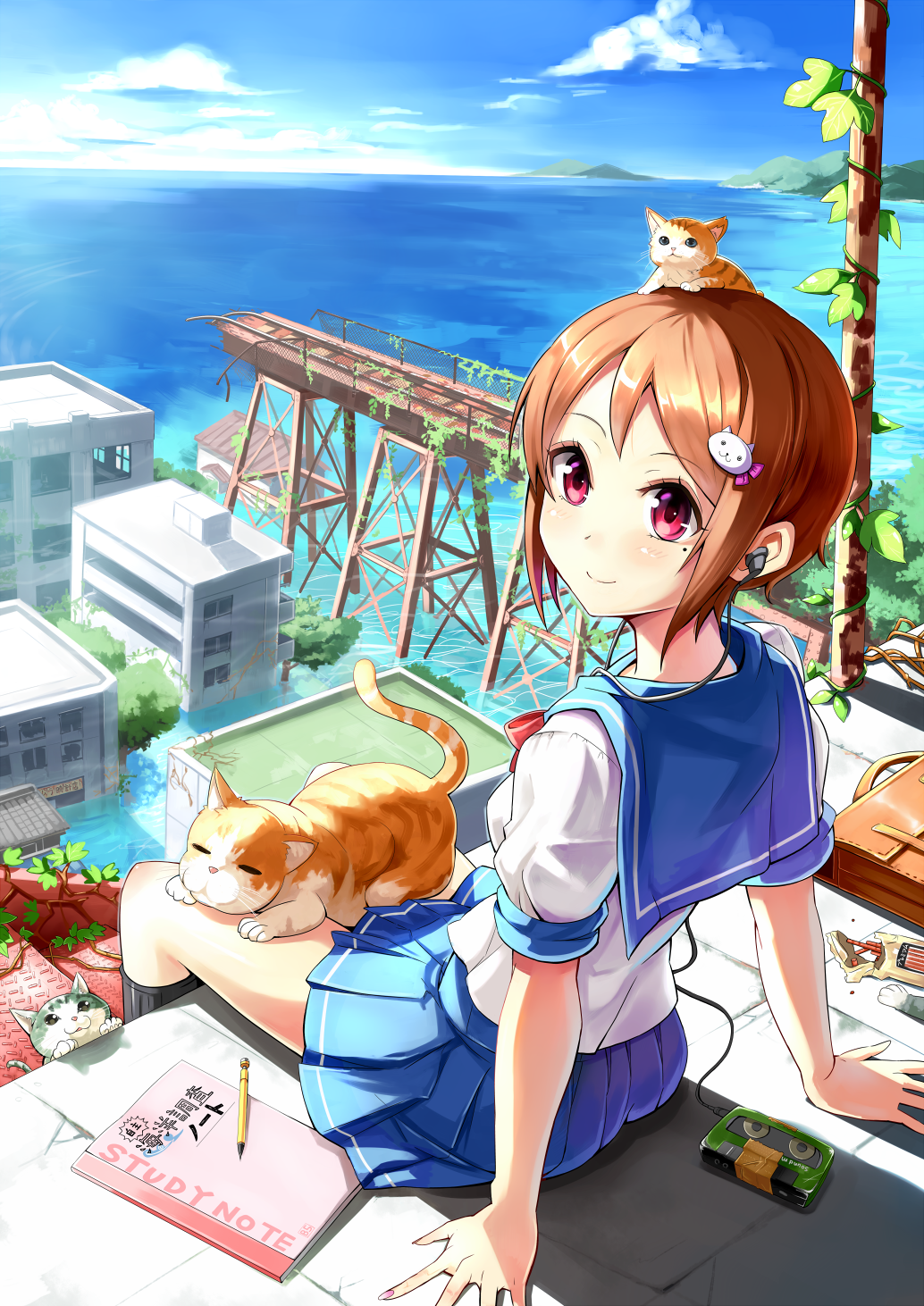 1girl, :3, animal_on_head, arm_support, bag, black_legwear, blouse, blue_skirt
