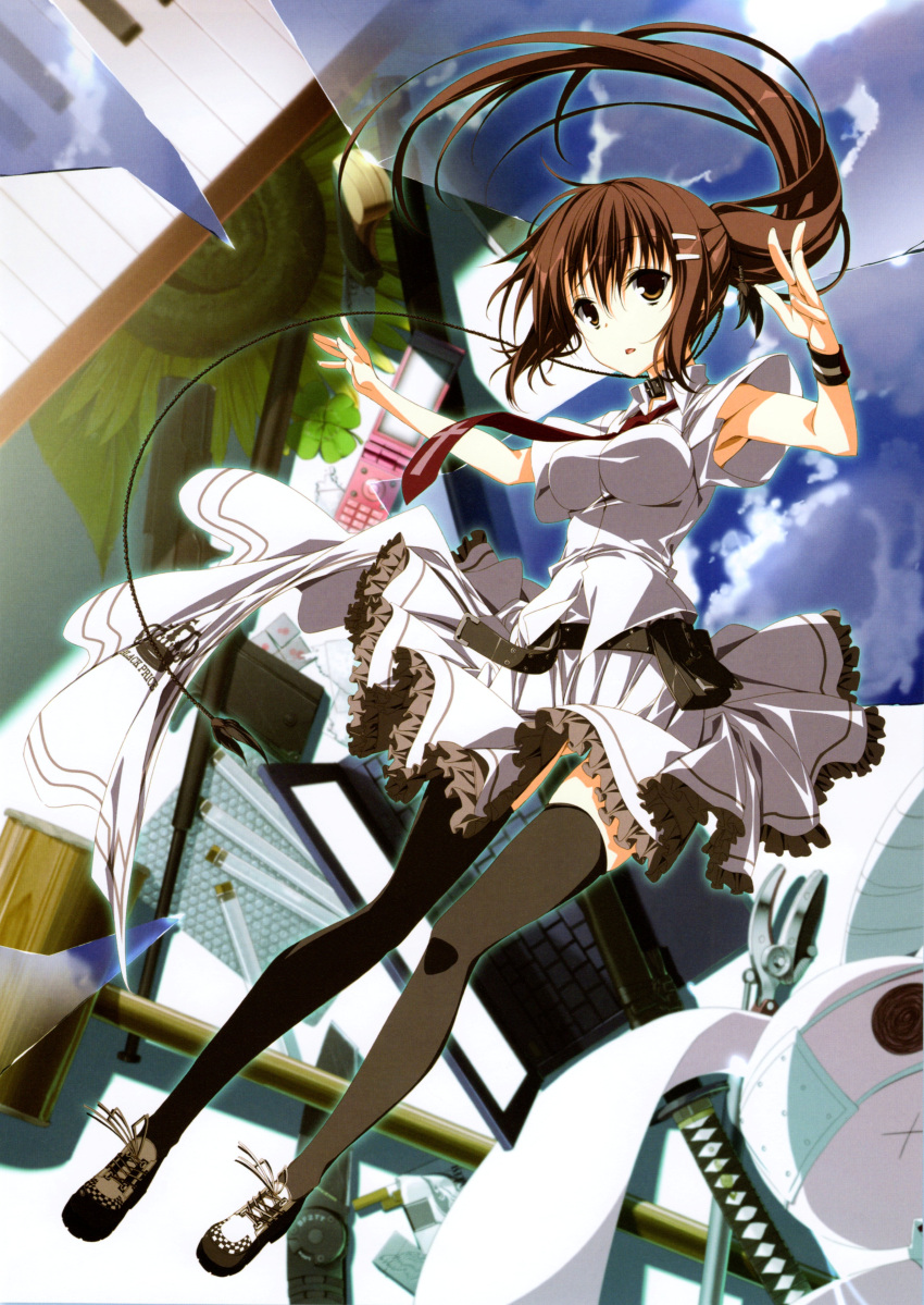 1girl, absurdres, belt, belt_pouch, black_legwear, breasts, brown_eyes, brown_hair
