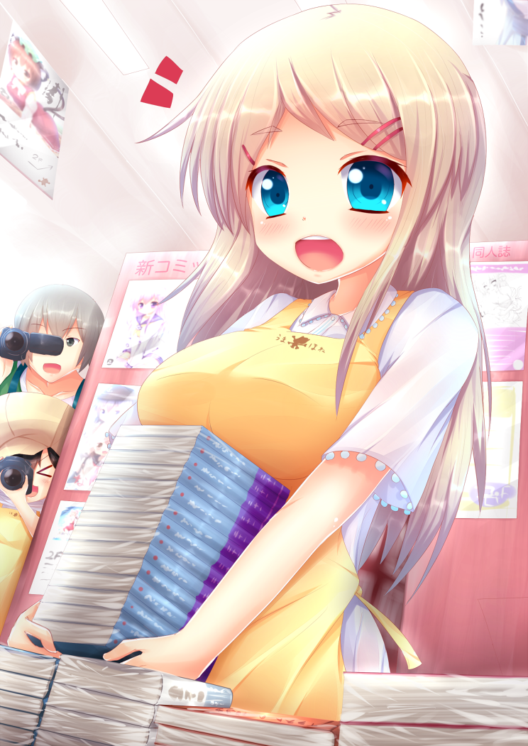1boy, 2girls, apron, blonde_hair, blue_eyes, breasts, cabbie_hat, cameo
