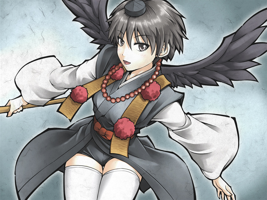 1girl, black_hair, black_wings, doku_hebi, hat, idolmaster, japanese_clothes, jewelry
