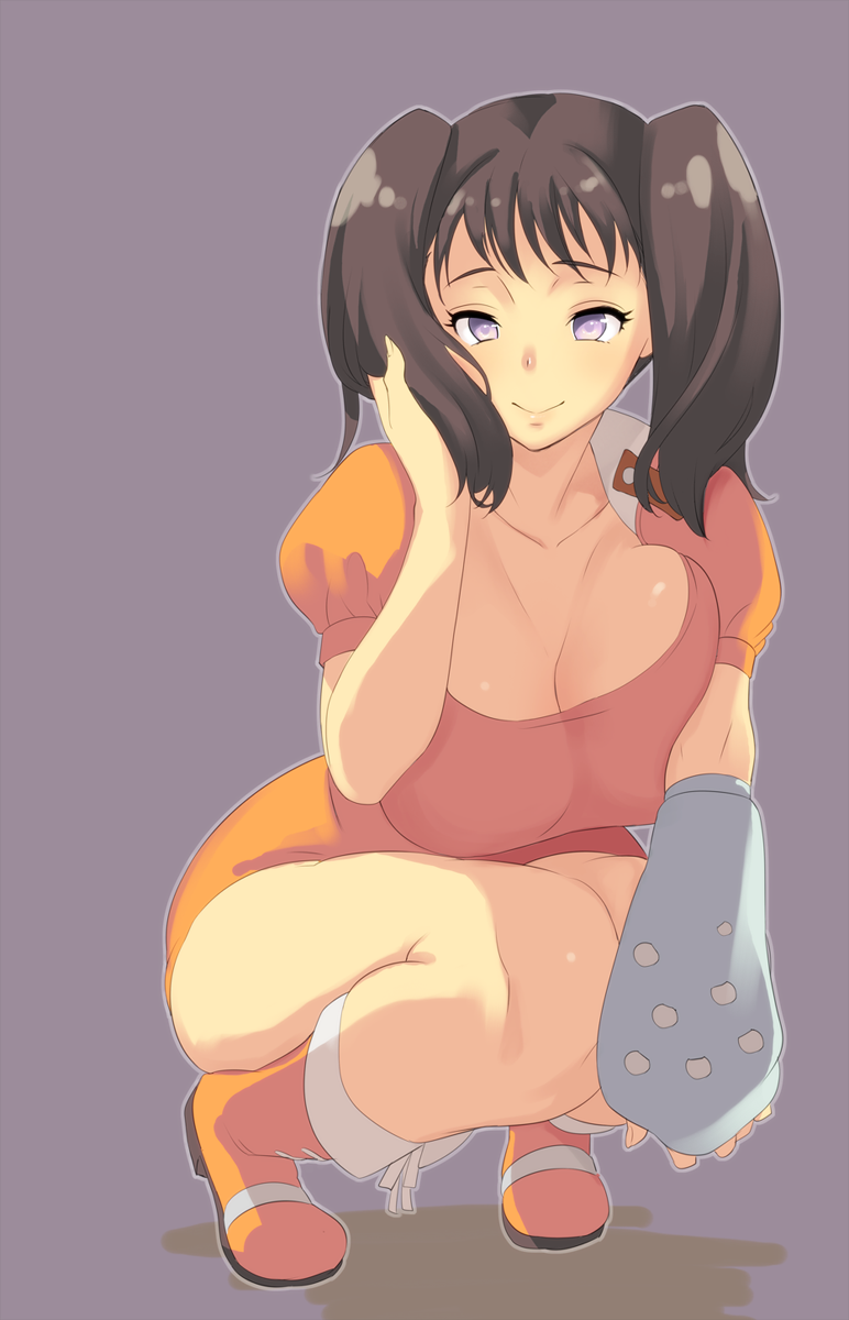 1girl, breast_press, breasts, brown_hair, collarbone, diane_(nanatsu_no_taizai), grey_background, highres