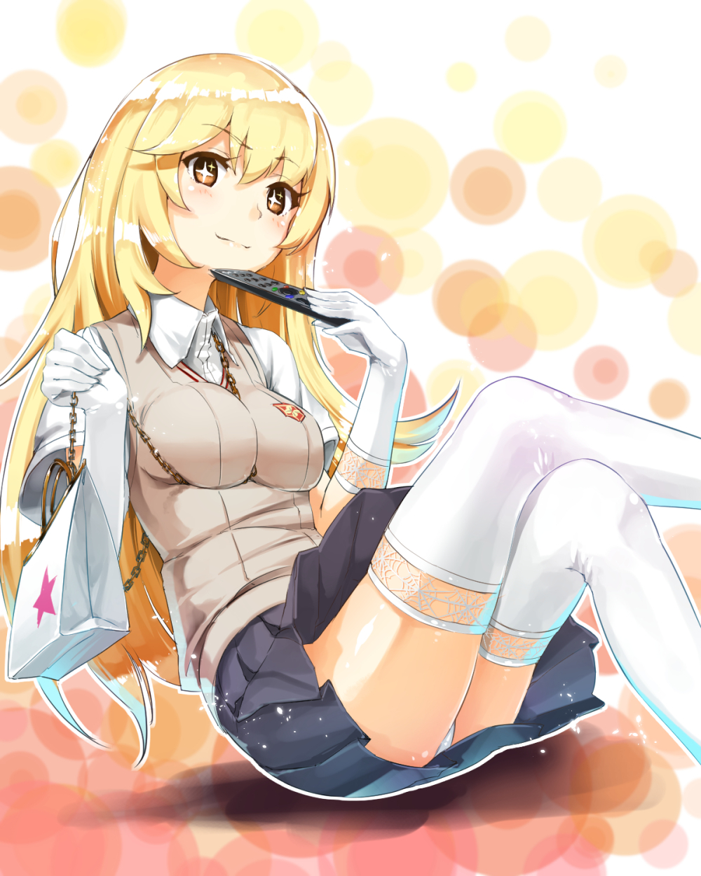 +_+, 1girl, bag, between_breasts, blonde_hair, blush, breasts, chain