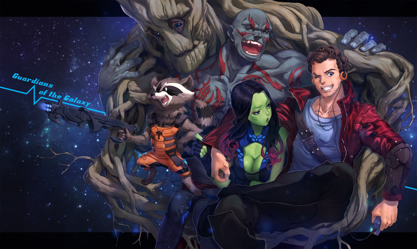 1girl, 4boys, bald, black_hair, blue_eyes, breasts, brown_hair, cleavage