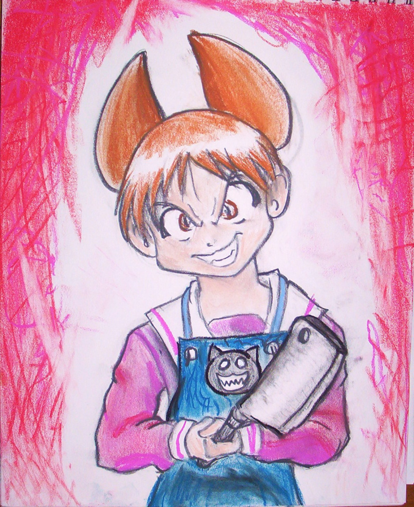 azumanga_daioh, brown_eyes, colored_pencil_(medium), crazy_eyes, evil_grin, evil_smile, grin, highres