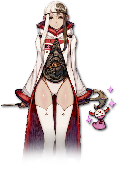 1girl, amina_(terra_battle), android, arms_behind_back, black_hair, blush, breasts, brown_eyes, circlet, coat, cowboy_shot, expressionless, familiar, flower, fujisaka_kimihiko, fur_trim, hood, knees_touching, leotard, long_hair, long_sleeves, multicolored_hair, official_art, payot, scepter, solo, sparkle, terra_battle, thigh-highs, transparent_background, two-tone_hair, white_hair, white_legwear