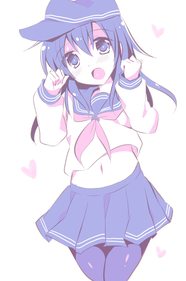 1girl, akatsuki_(kantai_collection), arms_up, blue_eyes, blue_hair, blush, heart, kantai_collection
