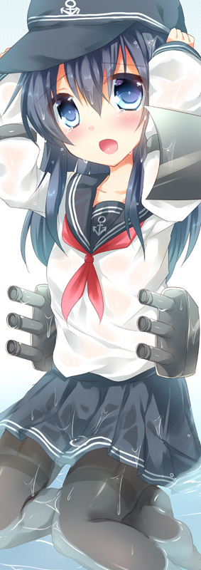 1girl, akatsuki_(kantai_collection), arms_up, blue_eyes, blue_hair, blush, hat, kantai_collection