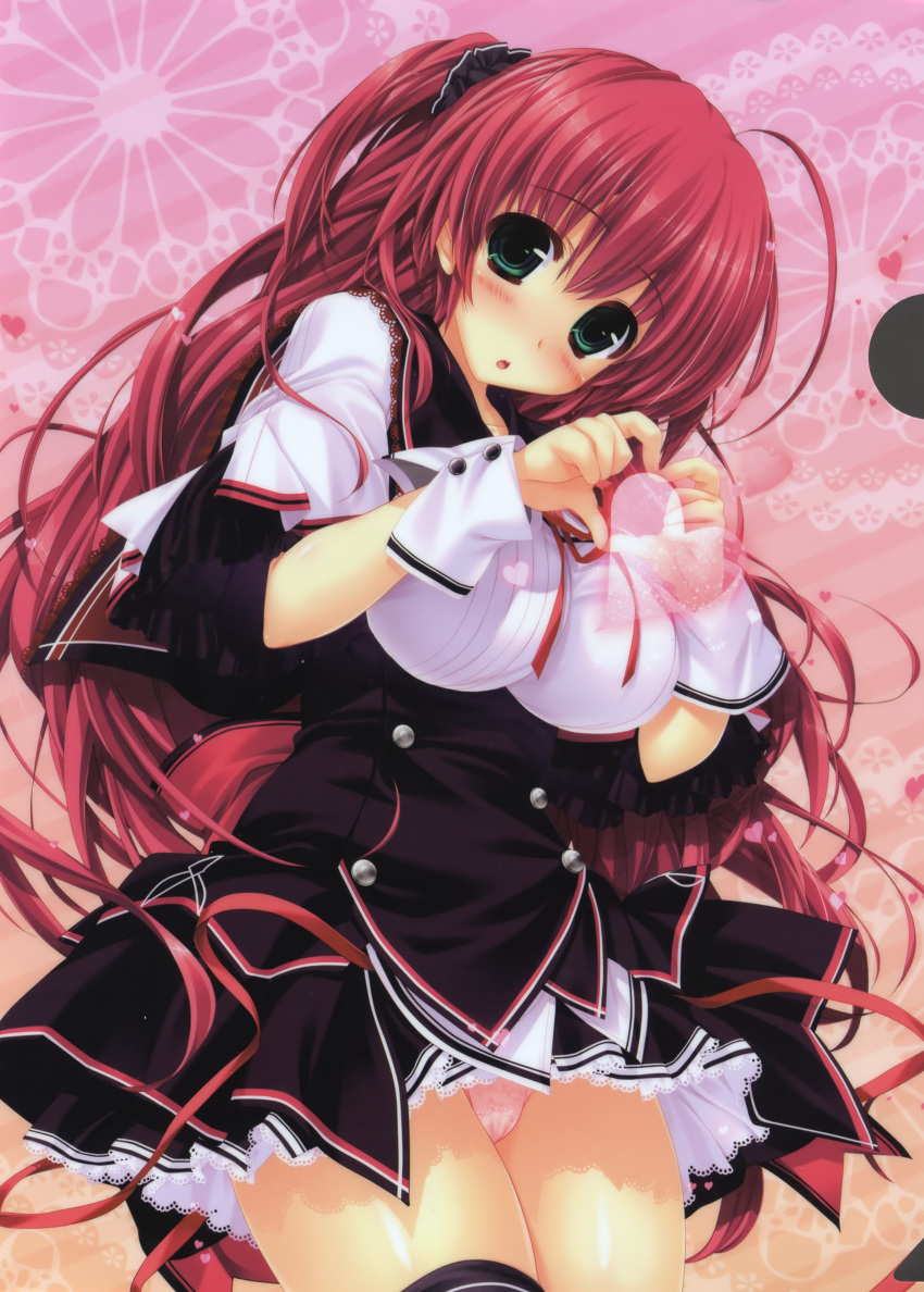 1girl, :o, absurdres, breasts, green_eyes, heart, heart_hands, highres