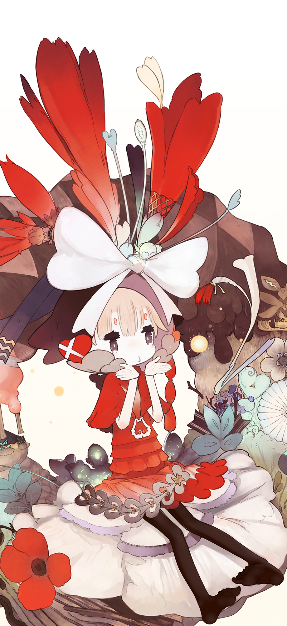 1girl, al-qalam, black_legwear, blowing, bow, capelet, dress, flower