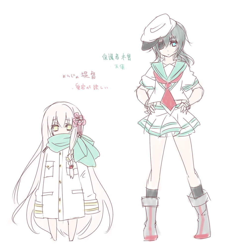 eyepatch, hat, kantai_collection, kiso_(kantai_collection), little_girl_admiral_(kantai_collection), long_hair, moontoxin, multiple_girls