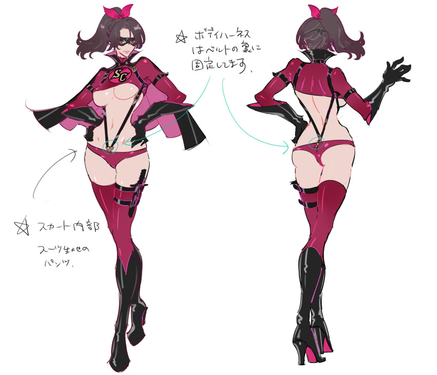 1girl, alternate_costume, bandai_namco, black_gloves, black_hair, boots, breasts, cape, character_profile, concept_art, crossed_legs, full_body, gloves, hand_on_hip, hands_on_hips, high_heel_boots, high_heels, highres, holster, knee_boots, knife, large_breasts, long_hair, mask, miniskirt, official_art, plaid, plaid_skirt, ponytail, red_legwear, revealing_clothes, see-through, shimazaki_mari, skirt, slender_waist, solo, soulcalibur, soulcalibur:_lost_swords, standing, suspenders, taki_(soulcalibur), thigh-highs, thigh_holster, translated, under_boob, zettai_ryouiki