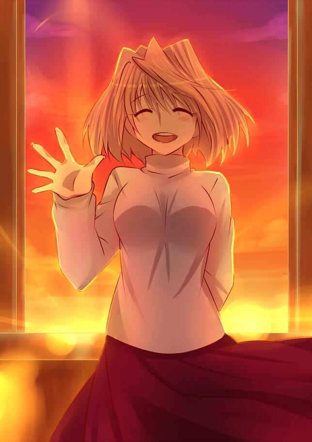 1girl, arcueid_brunestud, blonde_hair, blush, breasts, closed_eyes, long_skirt, open_mouth