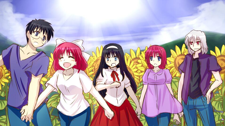 2boys, 3girls, alternate_costume, black_hair, blue_eyes, blush, bow, closed_eyes