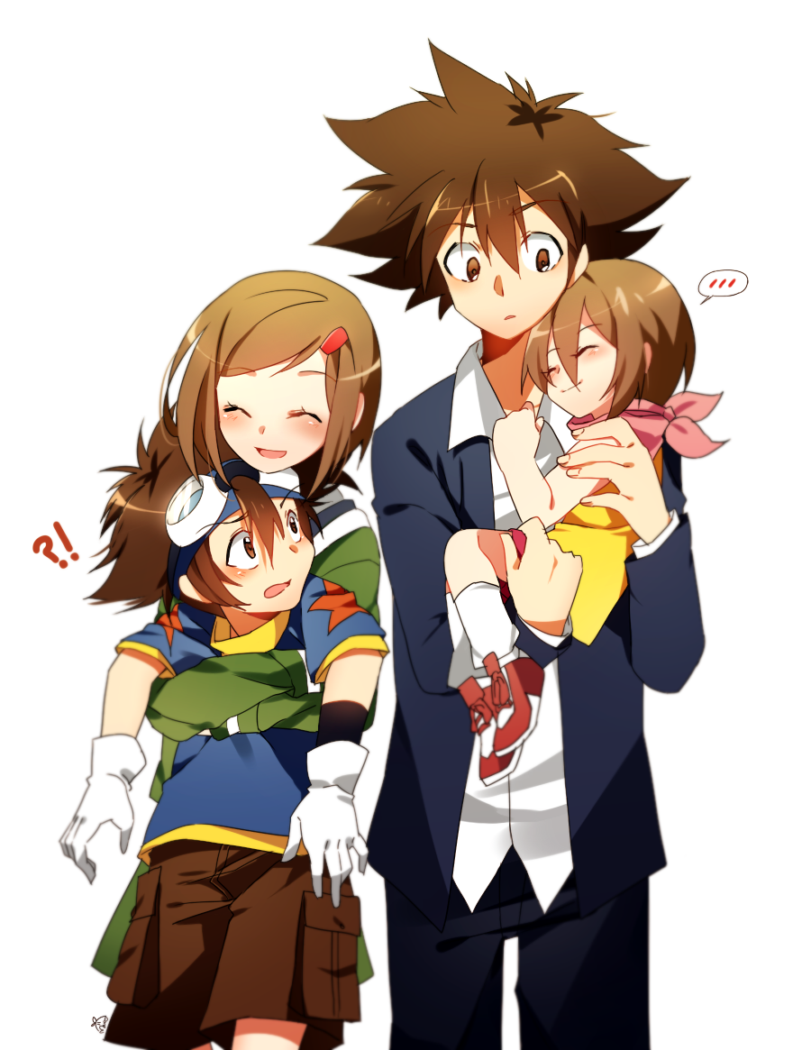 !?, 2boys, 2girls, ^_^, blush, brother_and_sister, brown_hair, carrying