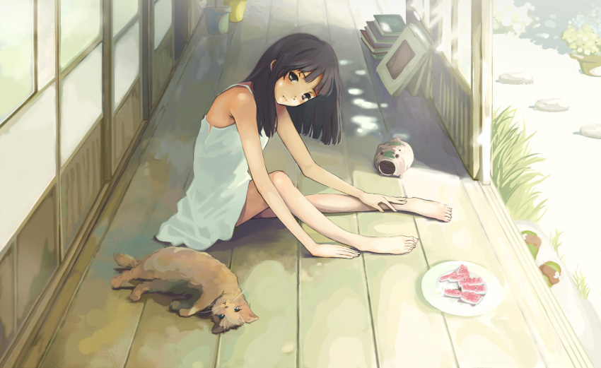 1girl, animal, barefoot, black_hair, blush, cat, chemise, dress