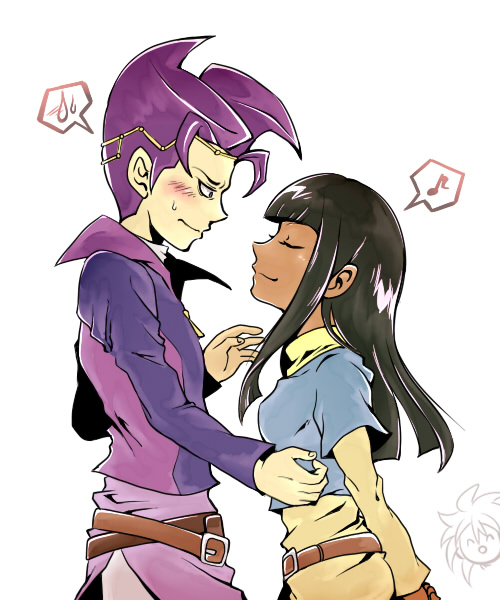 1girl, 2boys, belt, black_hair, blush, circlet, closed_eyes, female, kotsu_masumi, male, multiple_boys, musical_note, purple_hair, shijima_hokuto, smile, spoken_musical_note, spoken_sweatdrop, sweatdrop, todo_yaiba, wavy_mouth, yuu-gi-ou, yuu-gi-ou_arc-v