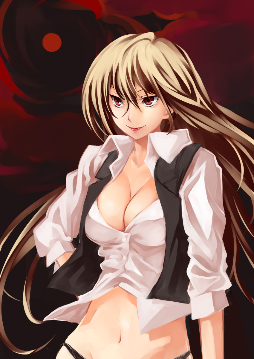 adult, alternate_hair_length, alternate_hairstyle, blonde_hair, bottomless, breasts, cleavage, ex-rumia, highres, long_hair, midriff, navel, no_pants, panties, pino_(birthdayparty), pino_(pixiv), red_eyes, rumia, touhou, underwear