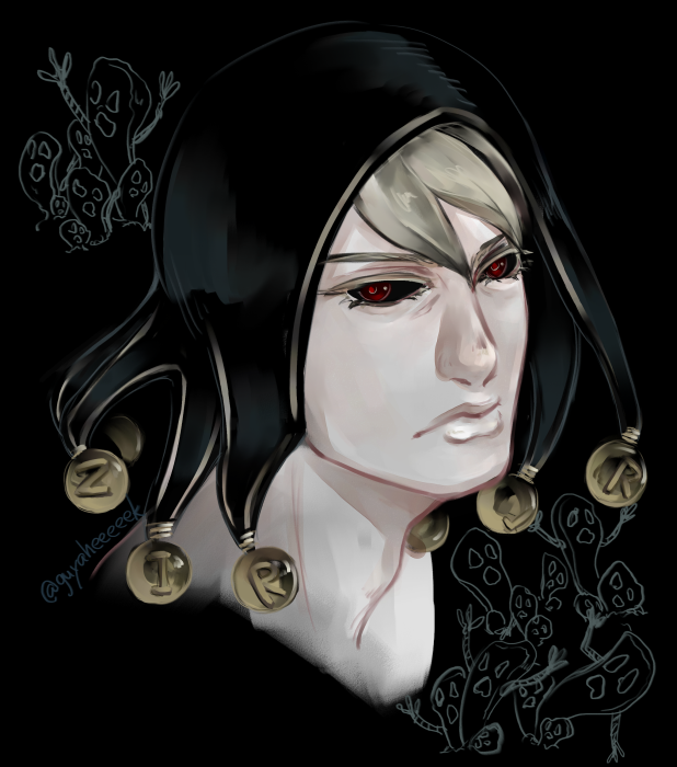 1boy, black_sclera, grey_hair, guyai, hat, jojo_no_kimyou_na_bouken, metallica_(stand), red_eyes